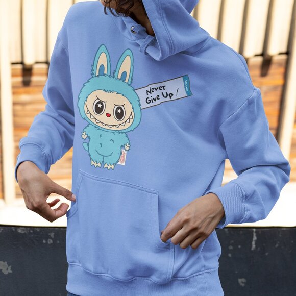 Blue Labubu Hoodie – Cute Elf Design with “Never Give Up” Message | Gift-Ready - Picture 5 of 9